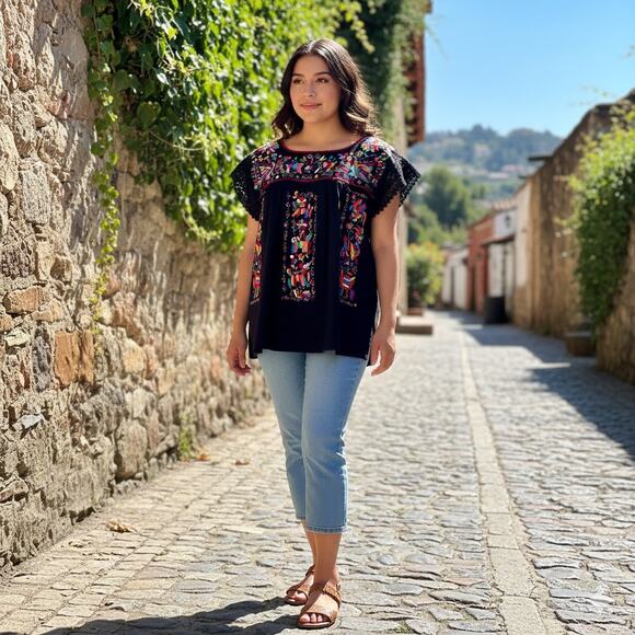 Mexican Hand embroidered bluse Size L - Picture 4 of 7